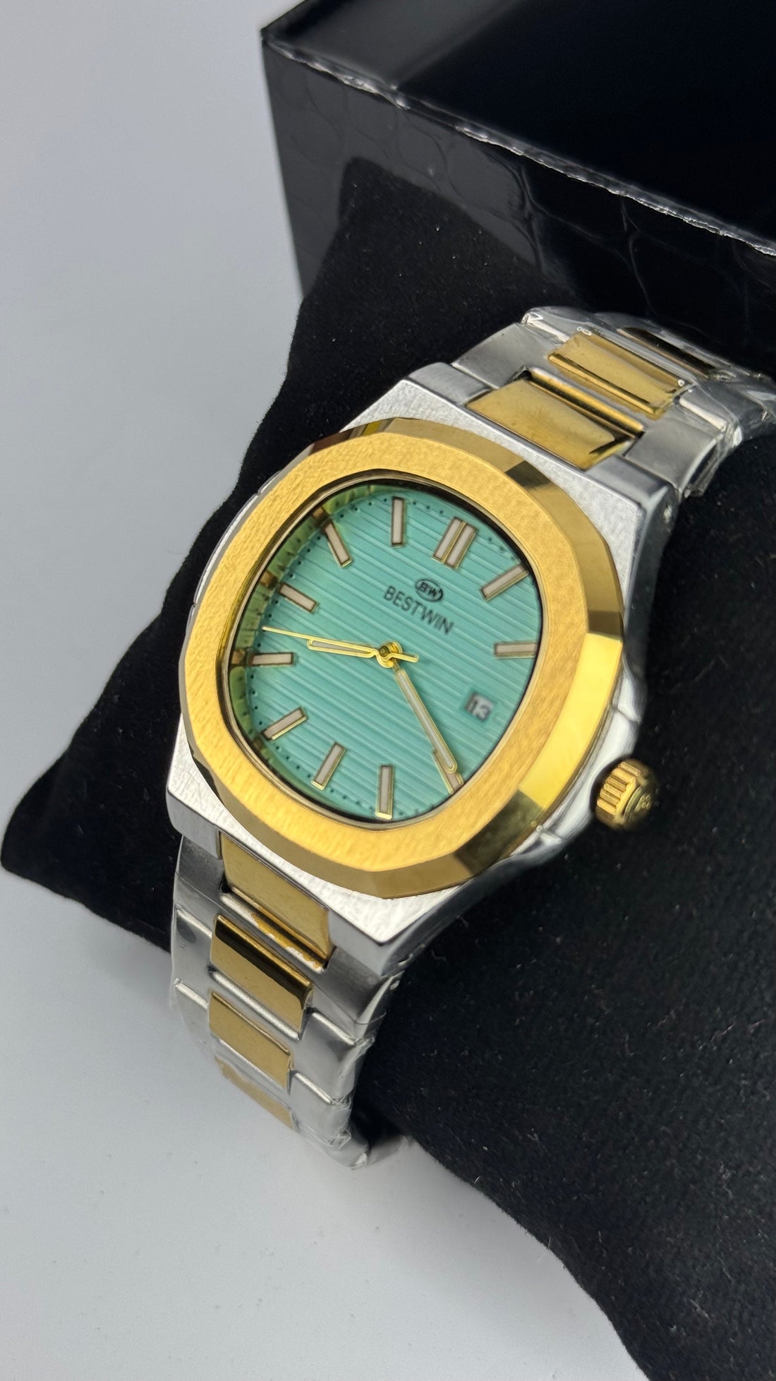 BESTWIN Two-Tone Luxury Wristwatch – Aqua Blue Dial, Gold & Silver Stainless Steel Band